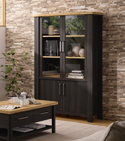 Belfurn - Sequoia vitrinekast 4-deurs – zwart met eik artisan met LED-verlichting