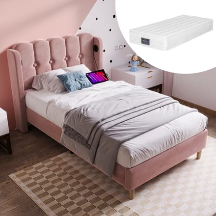 REDOM Bedframe 90x200 cm van fluweel – Met wingback-hoofdbord, USB/Type-C en lattenbodem – Roze