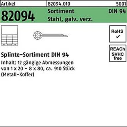 Splitpen assortiment DIN 94, gegalvaniseerd staal, 910 stuks, standaard DIN 94