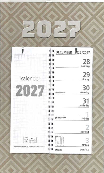 MGPcards - Omleg Weekkalender - 2027 - 21 x 34 cm - Beige