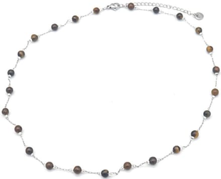 Ketting - Kralen Tijgeroog - RVS - Lengte 39-44 cm - Zilverkleurig