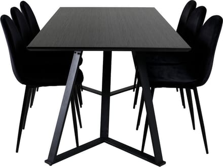 MarinaBLBL eethoek eetkamertafel zwart en 6 Polar eetkamerstal velours zwart.