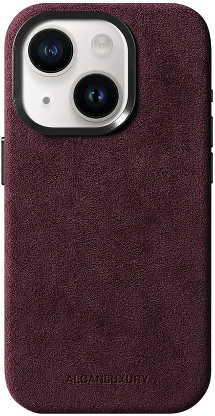 ALCANLUXURY Alcantara Hoesje geschikt voor iPhone 15 Plus – Echt Italiaans Alcantara® – Geschikt voor MagSafe – Back Cover – Wine Red