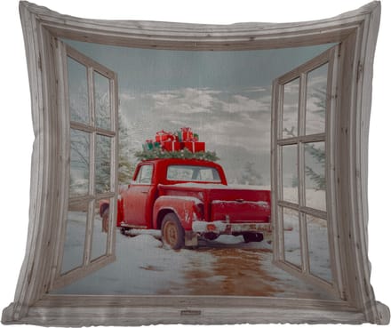 Tuinkussen - Auto - Rood - Cadeaus - Winter - Kerst - Doorkijk - Wit - 40x40 cm - Weerbestendig