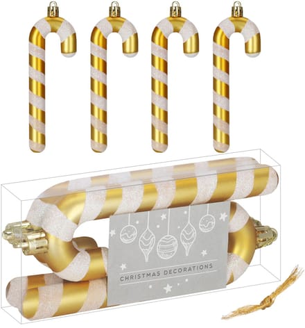 Springos Kersthanger | Zuurstok | Kerstboomhanger | Wit | Goud | Kunststof | 14 cm | 4 Stuks