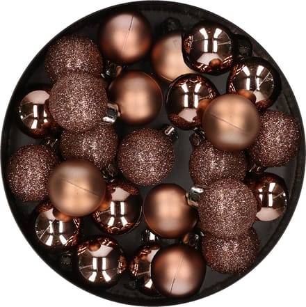 Decoris Kerstballen - 28 ST - mini - walnoot bruin - kunststof - 3 cm - glans/mat/glitter
