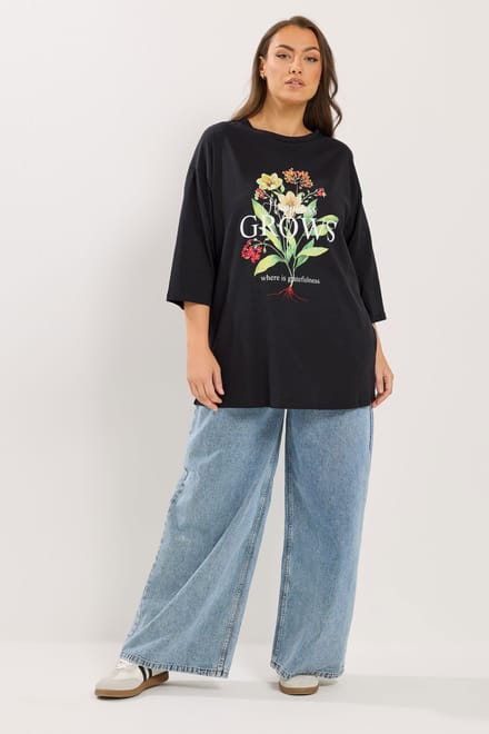 Yours Zwart 'Happiness Grows' Tshirt Met Bloemenprint Size 46