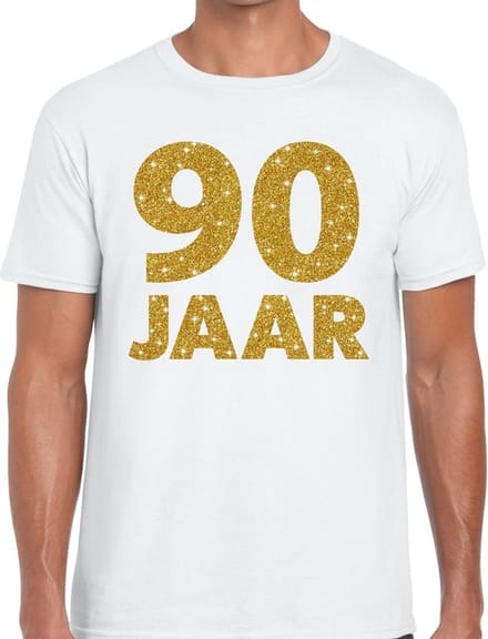 90 jaar goud glitter verjaardag t-shirt wit heren - verjaardag shirts S