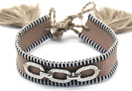 Stoffen Armband Dames - RVS Schakel - Lengte Verstelbaar - Bruin en Zilverkleurig