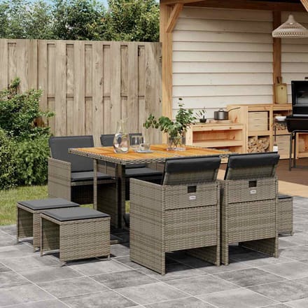 vidaXL - 9-delige - Tuinset - met - kussens - poly - rattan - grijs