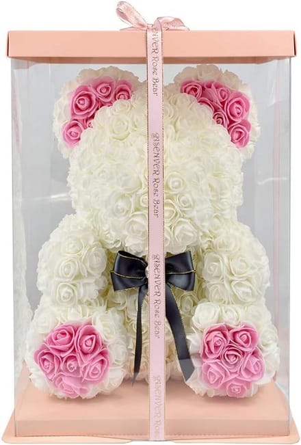 Roze handgemaakte beer kunstmatige bloem - 15 inch, wit-roze voet