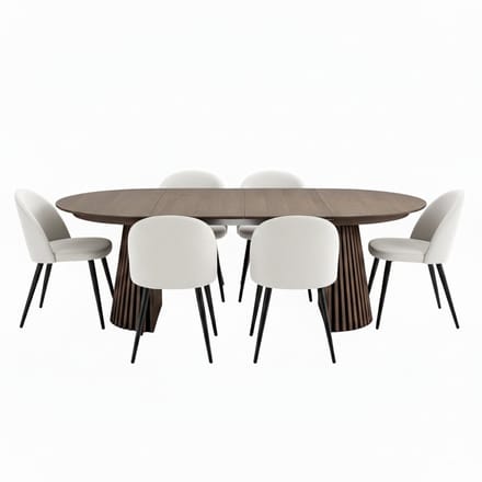 Tokyo eethoek eettafel smoked, 6 stoelen met beige ribfluweel bekleding.