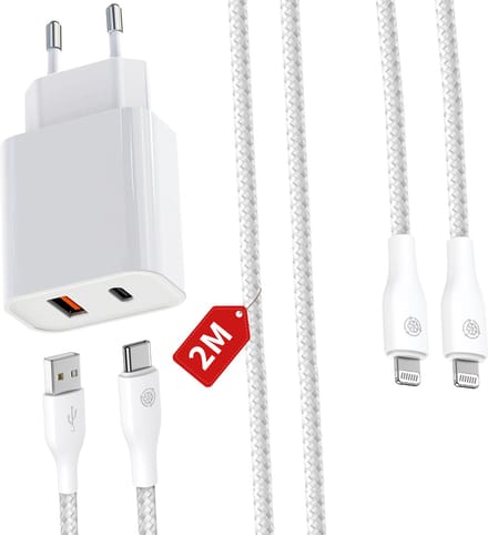 35w usb C Adapter - 2 Poorten - Usb + usb-C Lader geschikt voor Apple iPhone 14, iPhone 13, iPhone 12 Snellader met Oplader Kabel - 2 Meter