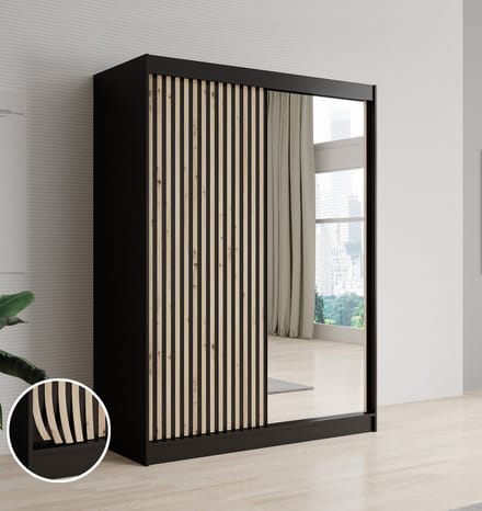 Meubella - Kledingkast Lisbon 2 - Zwart - 150 cm - Met spiegel