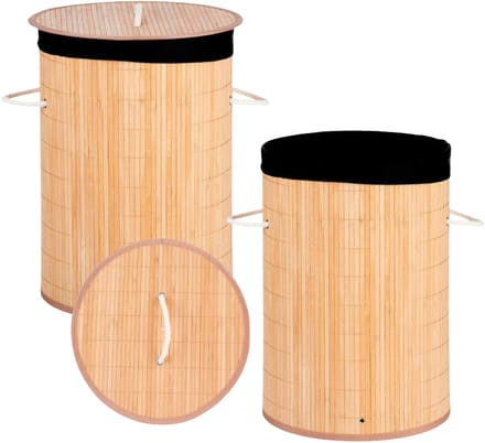 Kipit Wasmand van bamboe - 2x - 50 liter - 35 x 50 cm - met deksel -met binnendoek