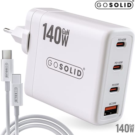 GO SOLID! Oplader 140W USB-C Voeding met 4 Poorten 3x USB-C, 1x USB-A - Wit