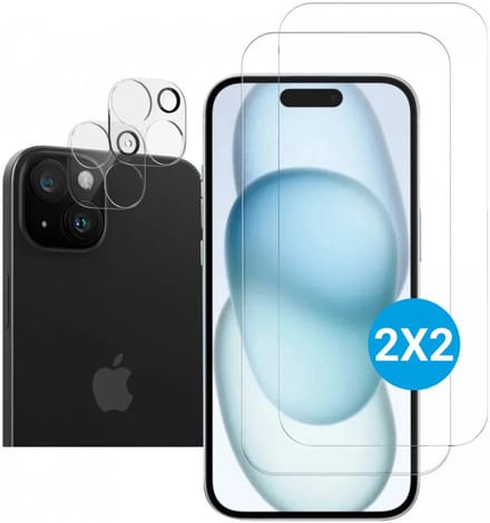 9H Tempered Glass Screen Protector (2-Pack) + Camera Lens Protector Glas (2-Pack) Geschikt voor Apple iPhone 15 Plus | Case Friendly | Ultra Clear | Gemakkelijke installatie