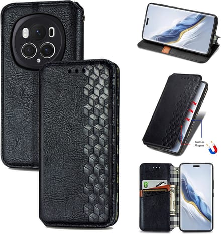 Luxe PU Lederen Ruitpatroon Wallet Case + Screenprotector voor Honor Magic 6 Pro _ Zwart