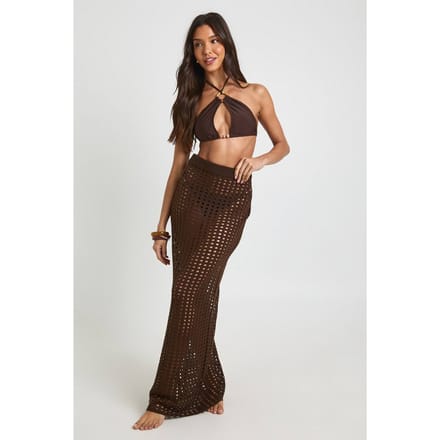 boohoo Dames Gehaakte Strand Gebreide Maxi Rok | Chocoladebruin | Maat: Medium