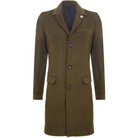 Lange olijfwollen slim-fit overjas voor heren