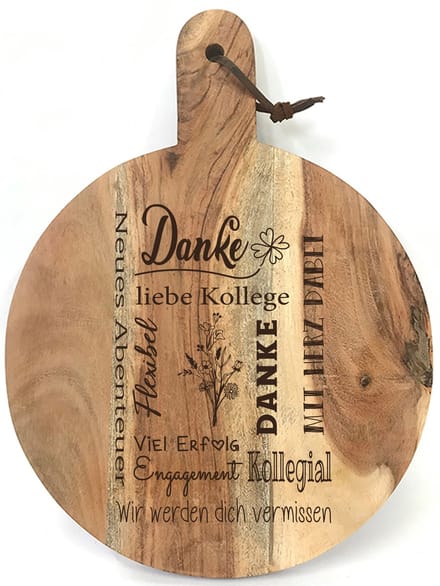 Runde Schneidebrett/Servierbrett/Tapasplatte mit Gravur „DANKE LIEBE KOLLEGE“ Ein originelles Geschenk für eine Kollegin oder einen Kollegen zum Abschied.