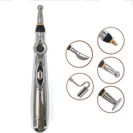 Stylo de point d'acupuncture électronique à régulation d'impulsion microélectrique intelligent à neuf vitesses Stylo d'énergie méridien Stylo de massage échangeable multi-têtes Relax boxed gray