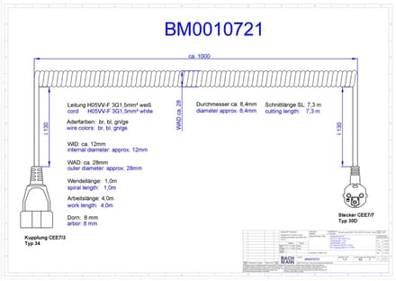 CEE 7/7 (haaks) - CEE 7/3 (recht) stroom spiraal verlengkabel - 3x 1,50mm / wit - 4 meter