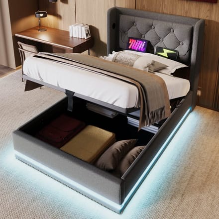 MODFU Bedframe 90x200 cm – Katoen met getuft hoofdbord & LED – Hydraulisch – Grijs