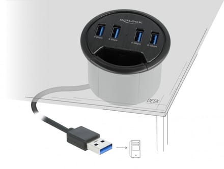 Delock 4 Port In-Desk Hub with 4 x SuperSpeed USB Type-A Port