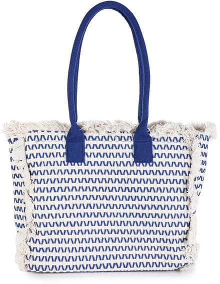 Shopper Tas - Handtas - Strandtas - Geweven - Trendy Tas - Met Open Top + Ritssluiting + Extra Ritsvakje - Creme/Blauw