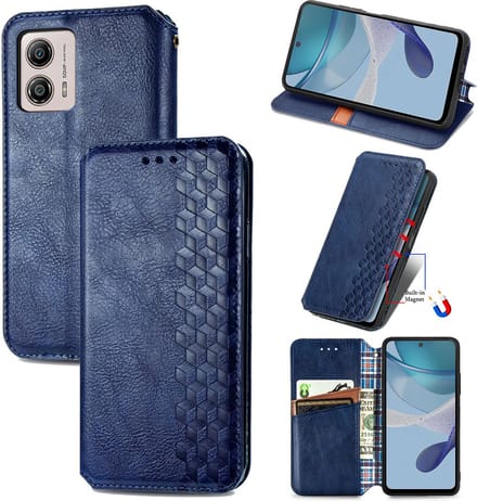 Luxe PU Lederen Ruitpatroon Wallet Case + Glas Screenprotector voor Moto G53 5G _ Blauw