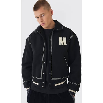 Boxy Stitch Detail Melton Varsity Jas in Zwart | Black | Size Medium