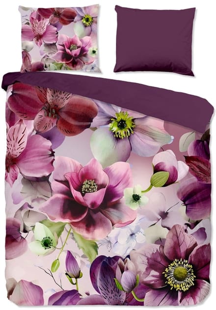 Pure dekbedovertrek bloemen - 1 persoons 140x200/220 cm - Bordeaux - Microvezel