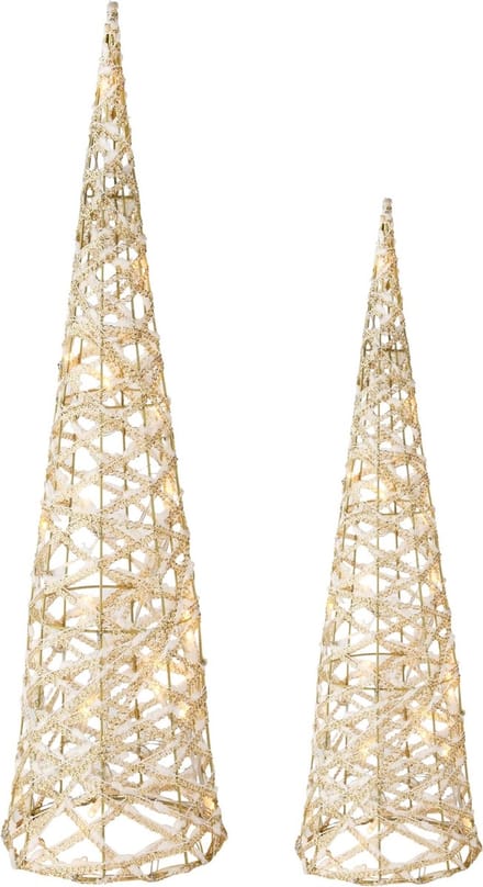Dekoratief | Set 2 Kegel vorm, wit/goud, rotan, LED, 16x16x60cm | A245862