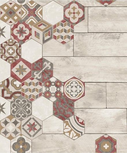 Reflets hout/mozaiek beige/rood hout combi (vliesbehang, multicolor)