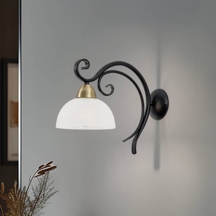 Luminex Wandlamp Flora, een glazen kap, zwart/messing