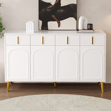 Gutent Kast, Dressoir met Gouden handgrepen en poten, 4 Deuren en 4 Laden, Wit
