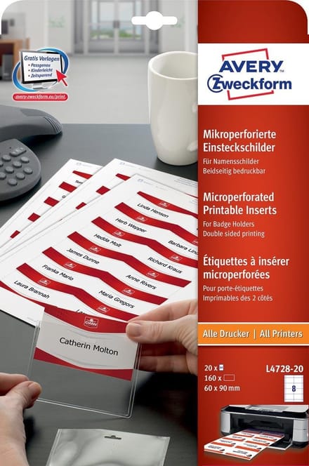 Avery Zweckform L4728-20 inlegkaartjes 90 x 60 mm, wit, bedrukbaar, FSC-papier, 20 vellen à 160 stuks