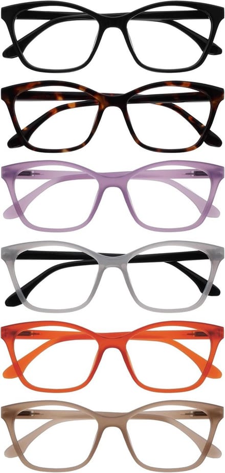 6-Pack Dames en Heren Leesbril Kattenoog Montuur +2.50 Diverse Kleuren