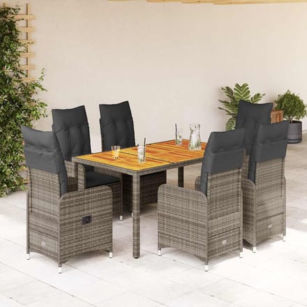 vidaXL - 7-delige - Bistroset - met - kussens - poly - rattan - grijs