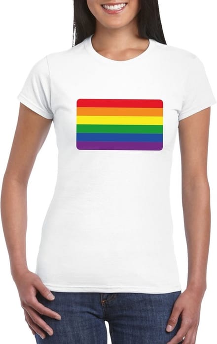 Gay pride t-shirt met Regenboog vlag wit dames M