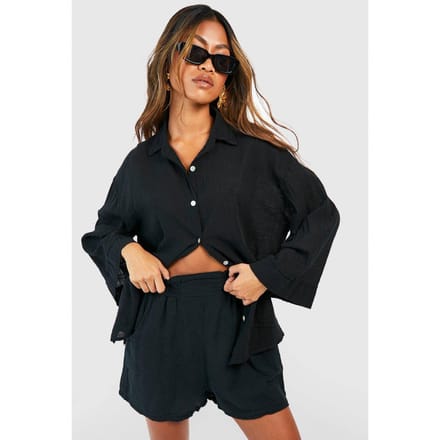 boohoo Dames Textured Lightweight Cotton Elasticated Waist Shorts | Zwart | Maat: 44