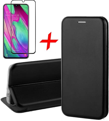 Hoesje geschikt voor Samsung Galaxy A40 - Screen Protector FullGuard - Book Case Kunstleer ThinShield Zwart & Screenprotector