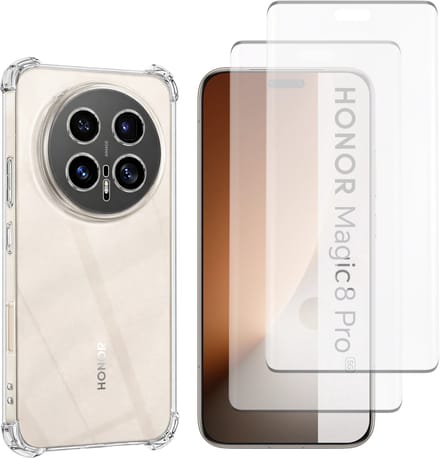 Hoesje geschikt voor Honor Magic 8 Pro backcover Shockproof siliconen Transparant en 2 stuks Screenprotector Gehard Glas