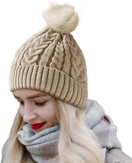 CALIYO Beanie Muts - Wintermuts Dames - Warme Mutsen met Imitatiebont Pompon - Gebreide Skimutsen - Gevoerd Wol - Beige