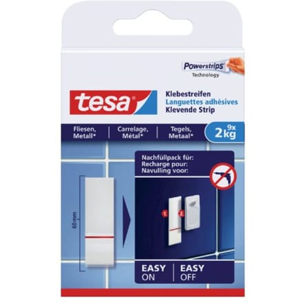 Tesa Dubbelzijdige Klevende Strips Powerstrips 77760 - Voor Tegels & Metaal - 2kg - Wit - 9 Stuks