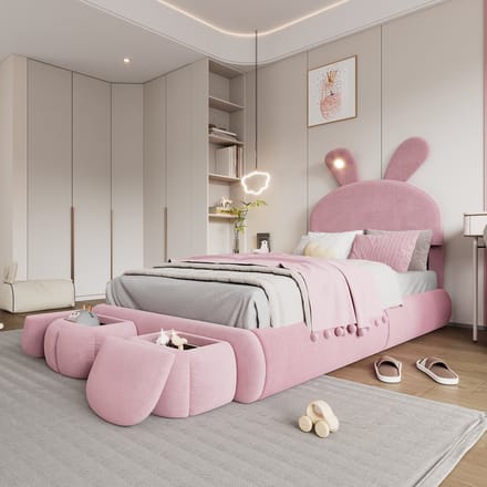 MODFU Gestoffeerd Kinderbed 90x200 cm – Met konijnenoren, LED & 2 opbergpoefs – Fluweel roze