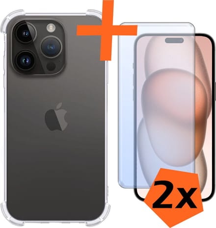 Hoes - Met Screenprotector - 2 Stuks - Geschikt voor Apple iPhone 15 Pro Max - Sterk & Shockproof - Siliconen Case - Back Cover - Telefoon Hoes - Shock Proof - Transparant