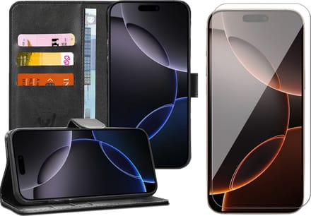Hoesje geschikt voor iPhone 16 Pro Max - Screenprotector Glas - Portemonnee Book Case Zwart