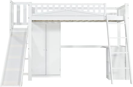 Sweiko Hoogslaper - 90x200 cm - met Tafel + Kleerkast + Glijbaan - Den + MDF - Wit